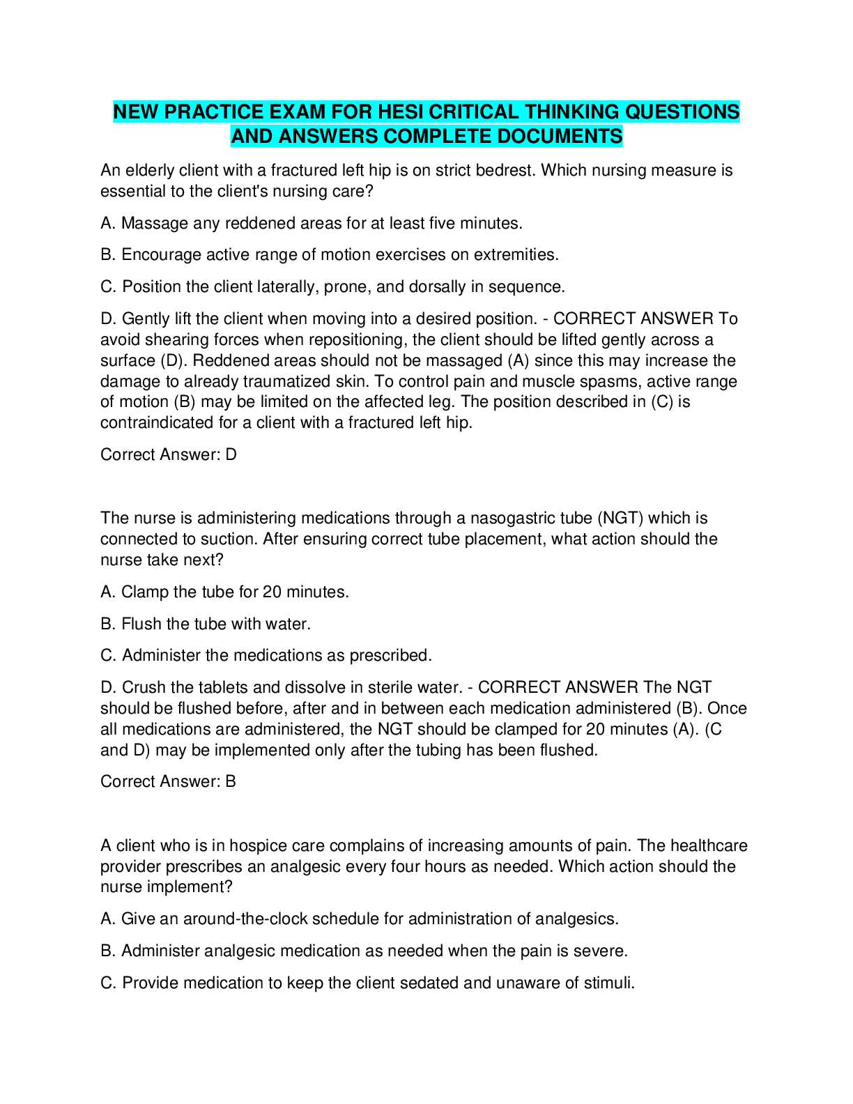 Preview image of HESI CRITICAL THINKING document